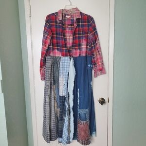 Upcycled Grungy Flannel Boho Patchwork Plaid Denim Bleached  Long Tunic Sz 13/14